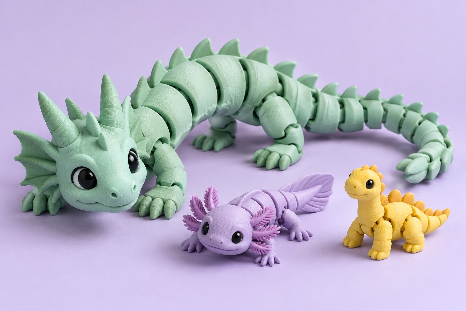 Ukázka barevných 3D výtisků: mátový drak, fialový axolotl a žlutý dinosaurus